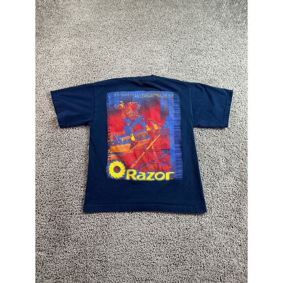 VINTAGE 90s Razor Scooter Shirt Boys Medium Blue Red Rollerboard Technology FLAW - Picture 1 of 10